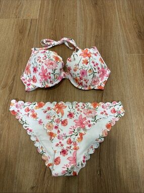 H&M Floral Scalloped Edge Bikini Set - White with Pink & Orange Flowers